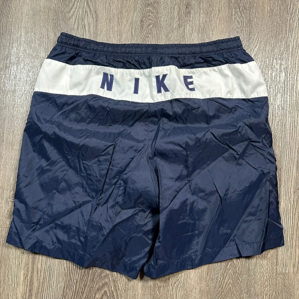 Nike Swim Trunks Shorts Large Navy Blue White Mesh Lined Block Logo Spellout